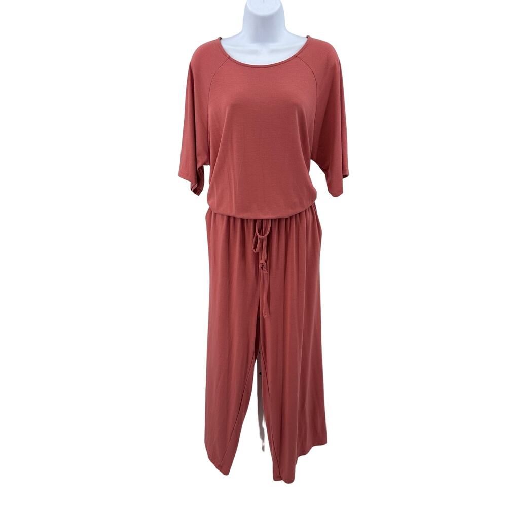 Coral Pink Short Sleeve Wide Leg Drawstring Jumpsuit Womens Tie Back Round Neck